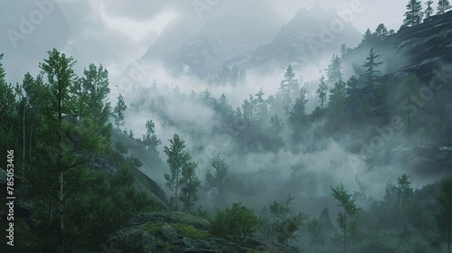A misty morning in a mountain forest, a peaceful Earth Day scene