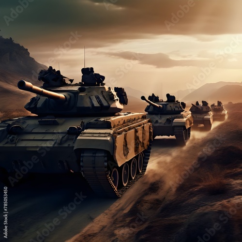 A convoy of tanks advancing through rugged terrain photo