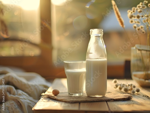 A bottle of milk and a glass of milk on a table on a cute background