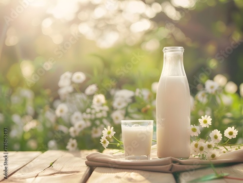 A bottle of milk and a glass of milk on a table on a cute background