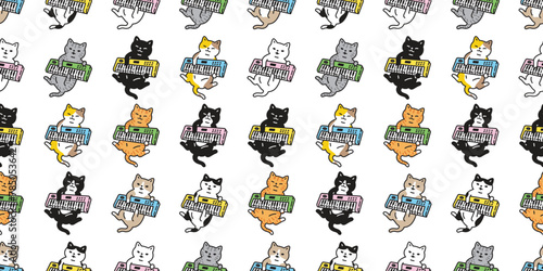 cat seamless pattern keyboard music turntable kitten neko calico munchkin pet vector cartoon doodle tile background gift wrapping paper repeat wallpaper illustration isolated design