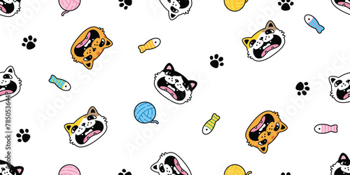 cat seamless pattern kitten paw footprint vector fish yarn ball japan calico neko munchkin pet cartoon doodle tile background gift wrapping paper repeat wallpaper illustration isolated