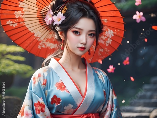 Sexy Gorgeous Anime Geisha Girl with Kimono