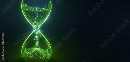 A neon green hourglass set against the darkness, with sand made of tiny, glowing particles slowly falling. 32k, full ultra hd, high resolution