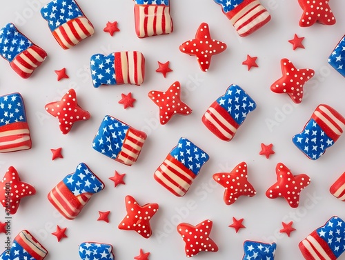 A pattern of American flags, and stars, made from mini candy and cookies with forms, top view, 