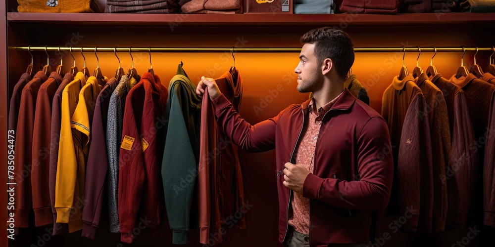 Man carefully choosing comfortable attire during a shopping trip at the mall.