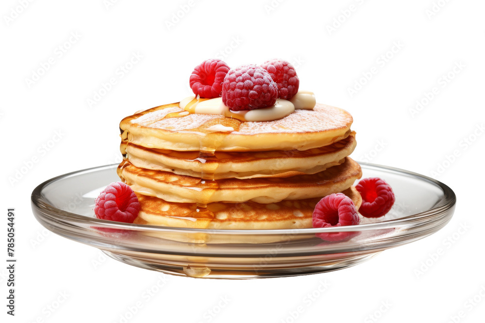 Fluffy Pancake Tower Crowned With Fresh Raspberries. On White or PNG Transparent Background.