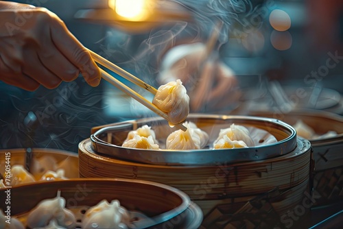 human hand using chopstick picking up tradition chinese food dim sum