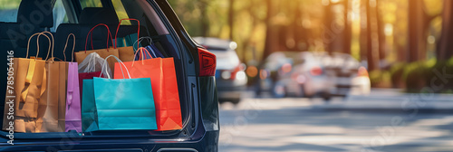 Colorful shopping bags in an open trunk with a blurred background indicating sunny outdoor shopping