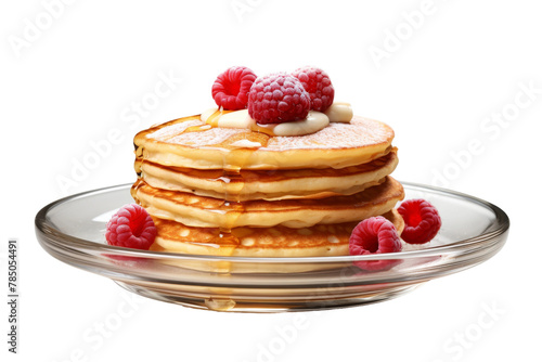 Fluffy Pancake Tower Crowned With Fresh Raspberries. On White or PNG Transparent Background.