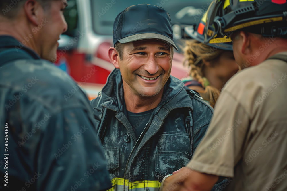 Firefighter sharing a light moment with colleagues after a call. Firefighter sharing a light moment with colleagues after a call.
