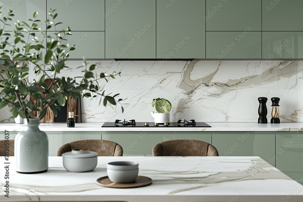 Luxury marble dining table, sage green kitchen counter with white countertop, cooktop, cupboard and white marble splashback Luxury marble dining table, sage green kitchen counter with white countertop, cooktop, cupboard and white marble splashback
