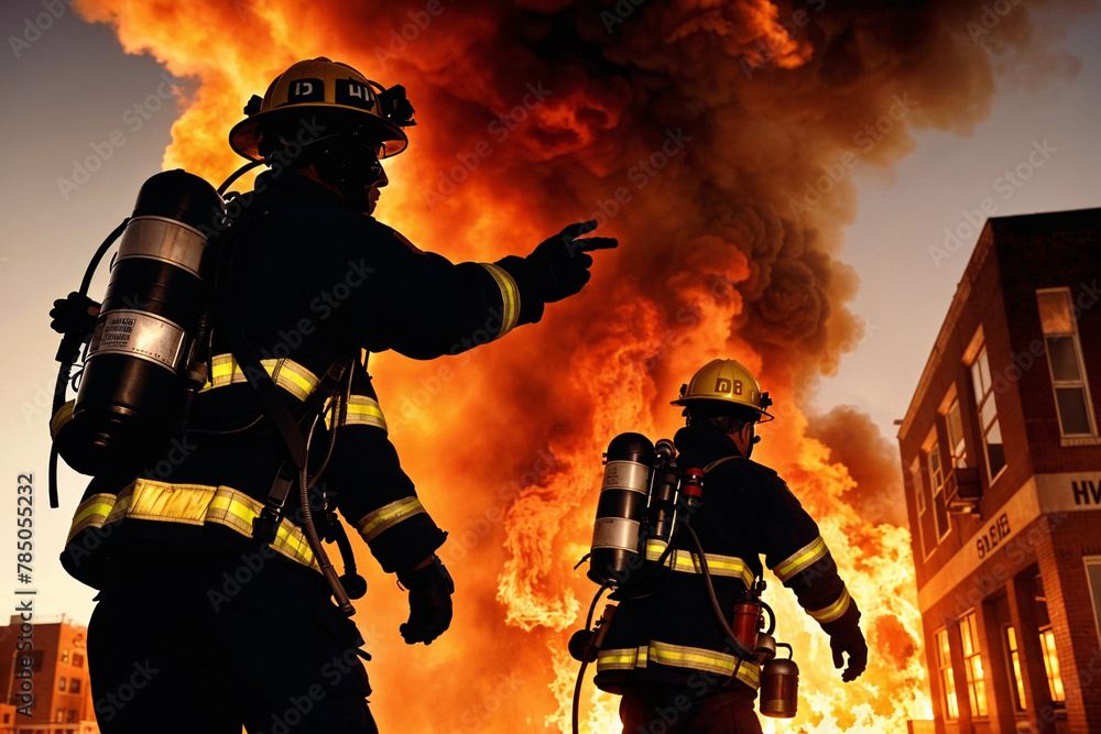 two firefighters in silhouette, standing in front of a blazing fire in a building