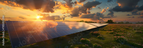 Solar panel cell on dramatic sunset sky background clean Alternative power energy. 