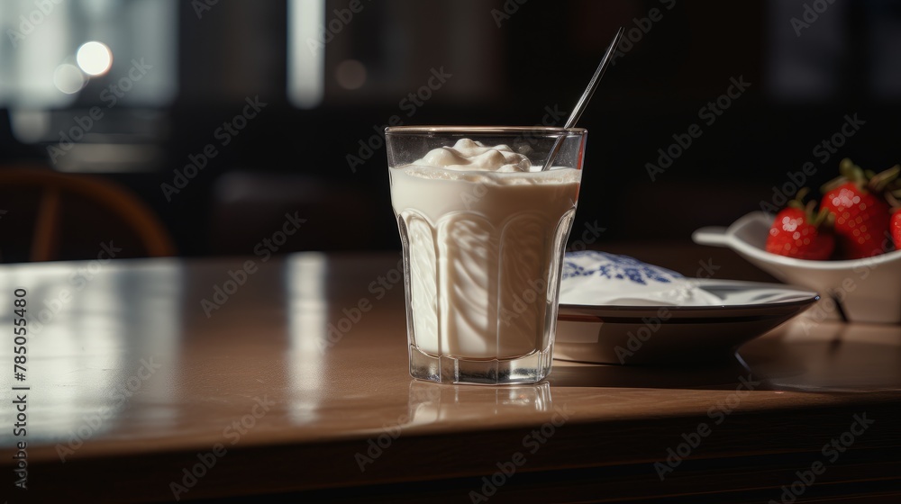 Close up of glass with white yogurt. Fresh drink. Free space for text. Close up of glass with white yogurt. Fresh drink. Free space for text.