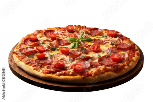 A Slice of Heaven: Pepperoni and Tomato Pizza on Wooden Platter. On White or PNG Transparent Background.