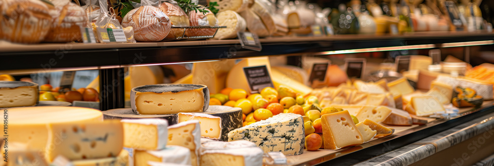 Premium cheese selections presented beautifully in a luxe grocery store setting Premium cheese selections presented beautifully in a luxe grocery store setting