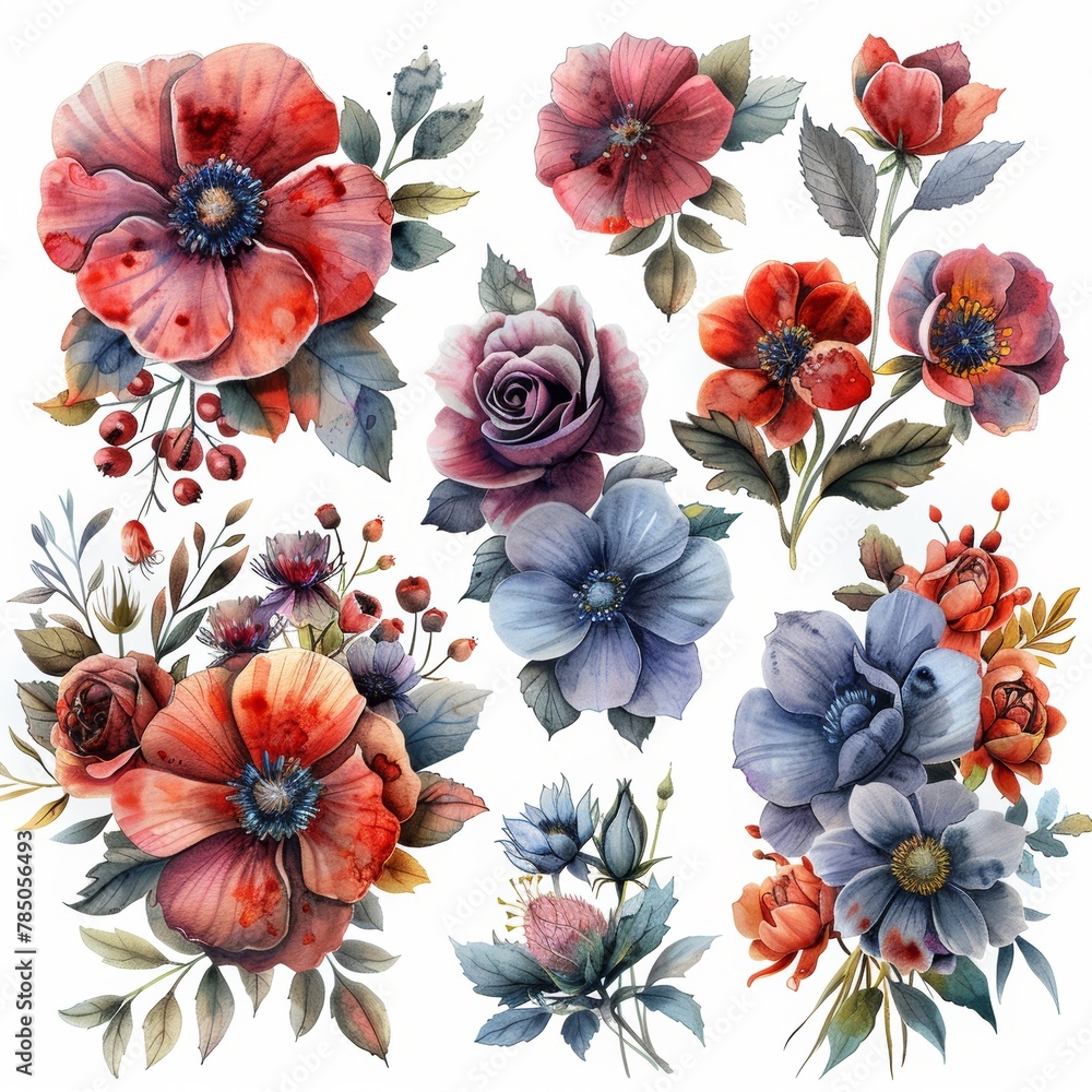 A set of bouquets with pink flowers, watercolor illustration on white background.