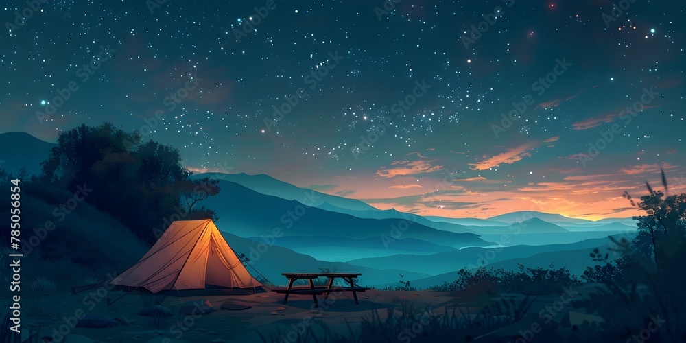 Captivating Starry Sky Over Cozy Tent in Serene Mountain Wilderness Adventure