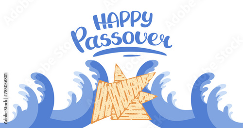 Happy Passover web banner. Jewish celebration background. Invitation with matzah, Waves of red sea. Hand drawn lettering. Horizontal Backdrop postcard, poster. Vector flat illustration.