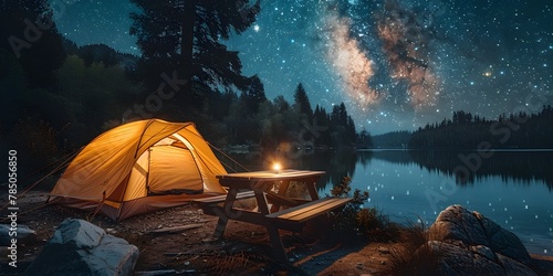 Stargazing Adventure Under the Glittering Milky Way at a Serene Lakeside Campsite with a Folding Table and Tent