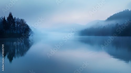 Quiet lake before dawn in the mist, with smog