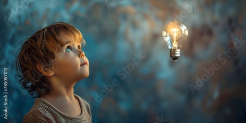 Curious Child Gazing at Glowing Light Bulb Symbolizing Endless Potential of Young Minds Filled with Wonder and Possibility
