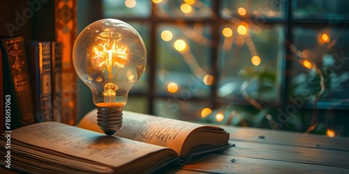 A vintage style light bulb flickering to life casts a warm inviting glow in a cozy writer s nook Surrounded by shelves of books photo