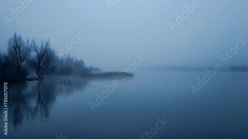 Quiet lake before dawn in the mist  with smog