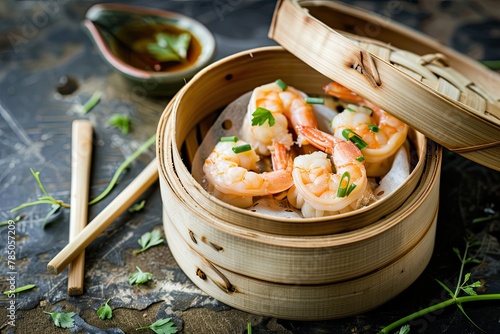 special shrimps dim sum with chopsticks in bamboo steamer