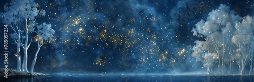 Shimmering with celestial sparkles, these fantastical blue trees against a starry night background invoke a sense of magic and otherworldly dreams
