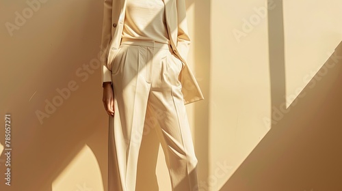 female clothes stylish modern light pant suit on beige background with sun lights