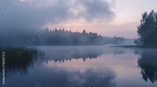 Quiet lake before dawn in the mist, with smog