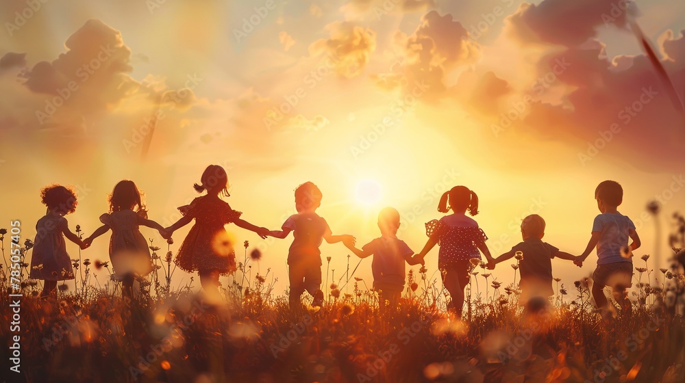 Fototapeta premium Children Protection Day. children in the field holding hands