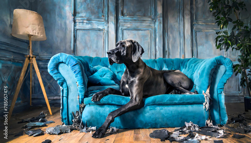 Great Dane on a completely destroyed blue sofa