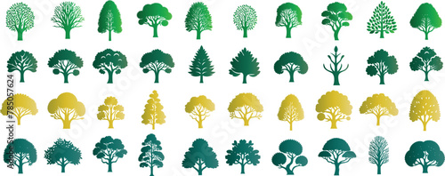 tree clipart icons vector set. Green, yellow trees representing diverse nature. Perfect for environment