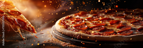 A hot pepperoni pizza oozes with melted cheese and sparks from the oven, suggesting a freshly baked experience photo