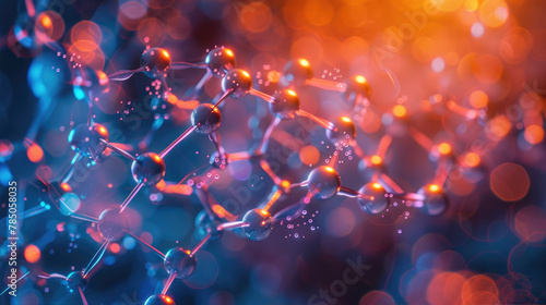 Closeup of a blue and purple molecule on a dark background