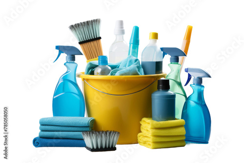 Sparkling Cleaning Magic: Bucket Overflowing With Supplies and Brush. On White or PNG Transparent Background.