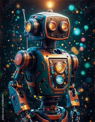 Vintage retro robot toy on a colorful bokeh background. © Dalew