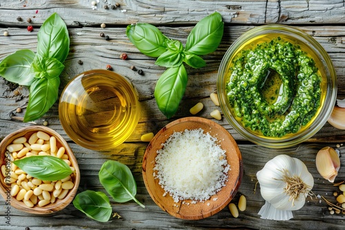 The ingredients for homemade pesto sauce basil, parmesan cheese ,garlic, olive oil , pine nut ,peppercorn and himalayan salt on shabby wooden background with flat lay