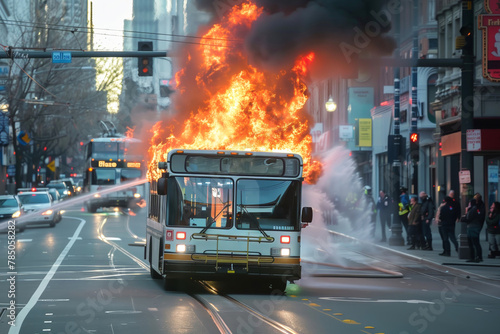 City bus in flames with firefighting efforts.