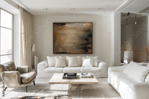 White and beige living room seating with empty wall