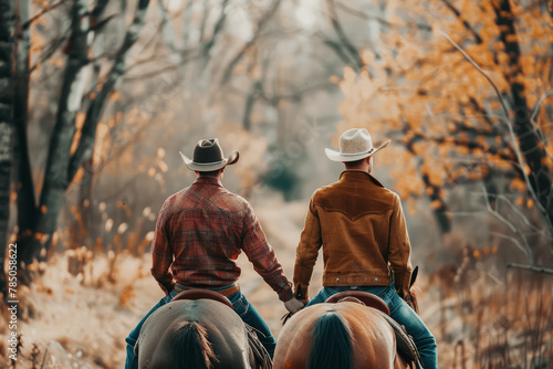 Gay cowboys holding hands during a serene horseback ride through autumn forest