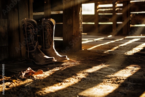 Golden sunlight streams on cowboy boots in a rustic barn, evoking a serene, contemplative mood