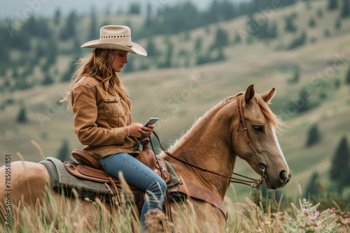 Young woman in cowboy attire using phone while riding horse in scenic hills