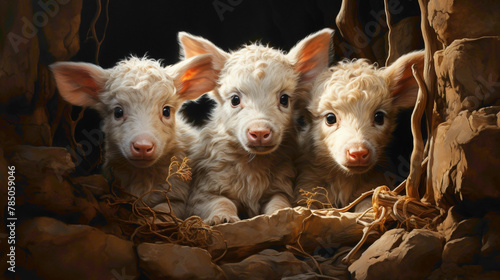 Tiny piglets snuggling together for warmth in a rustic barn, their oinking sounds and cozy nest creating a heartwarming image of farm life. photo