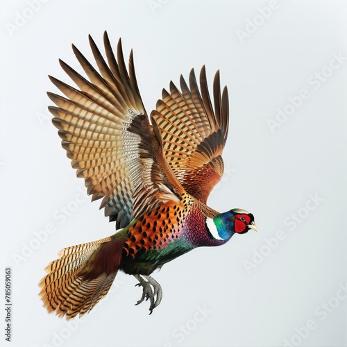 Splendid pheasant with vibrant colors captured mid-flight, showcasing its detailed plumage against a neutral background. photo
