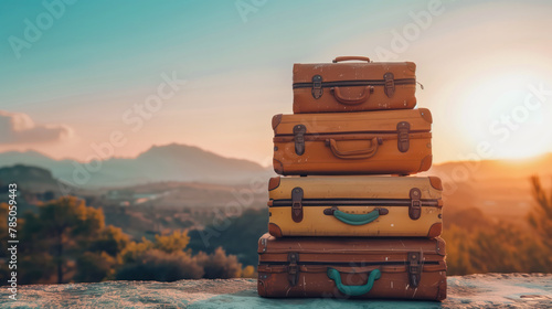 Travel Concept Photography. Vintage Suitcases Stacked with Scenic Sunset View. photo