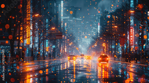 a couple of cars are driving down a city street at night